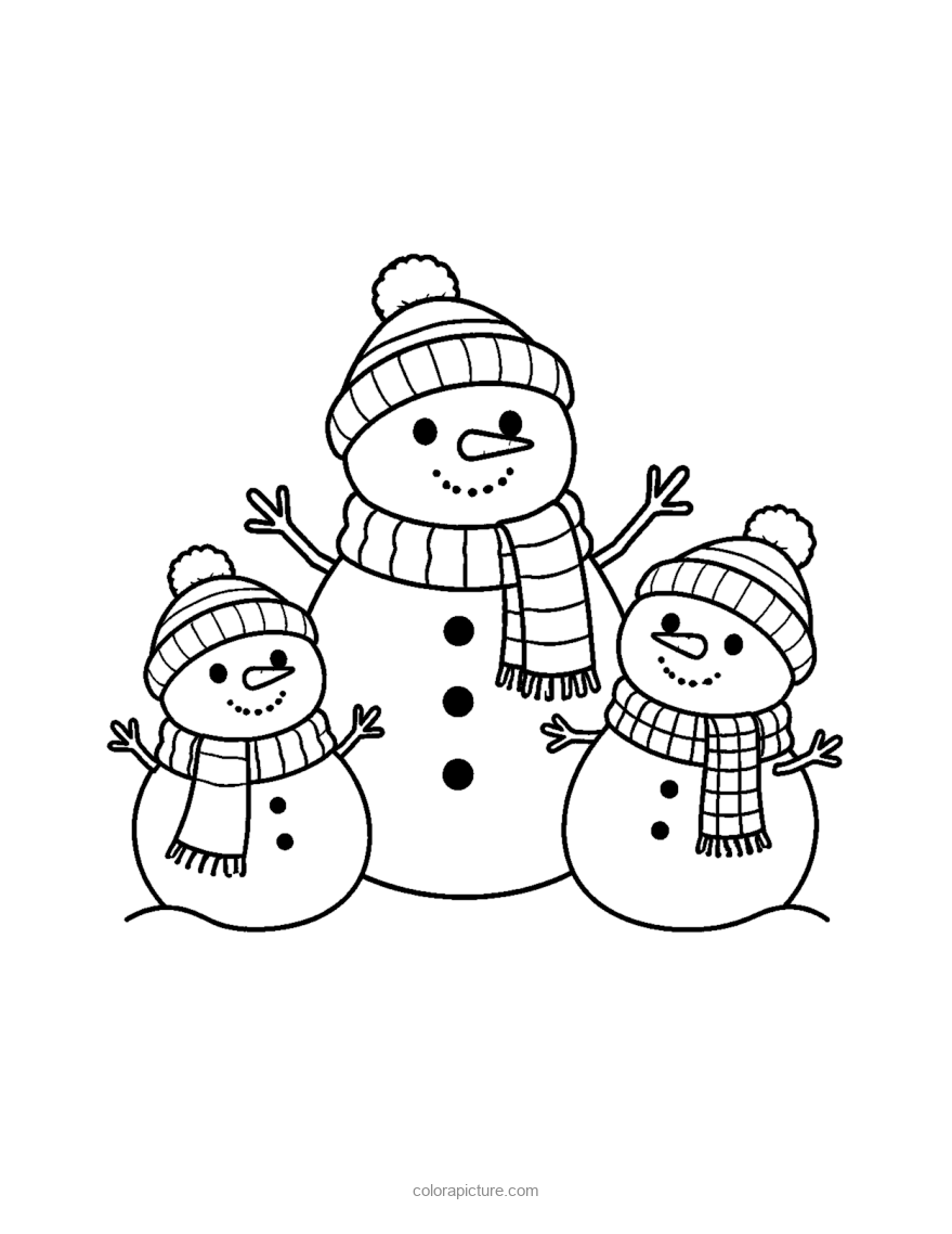 Black-and-white coloring page: Snowman Family