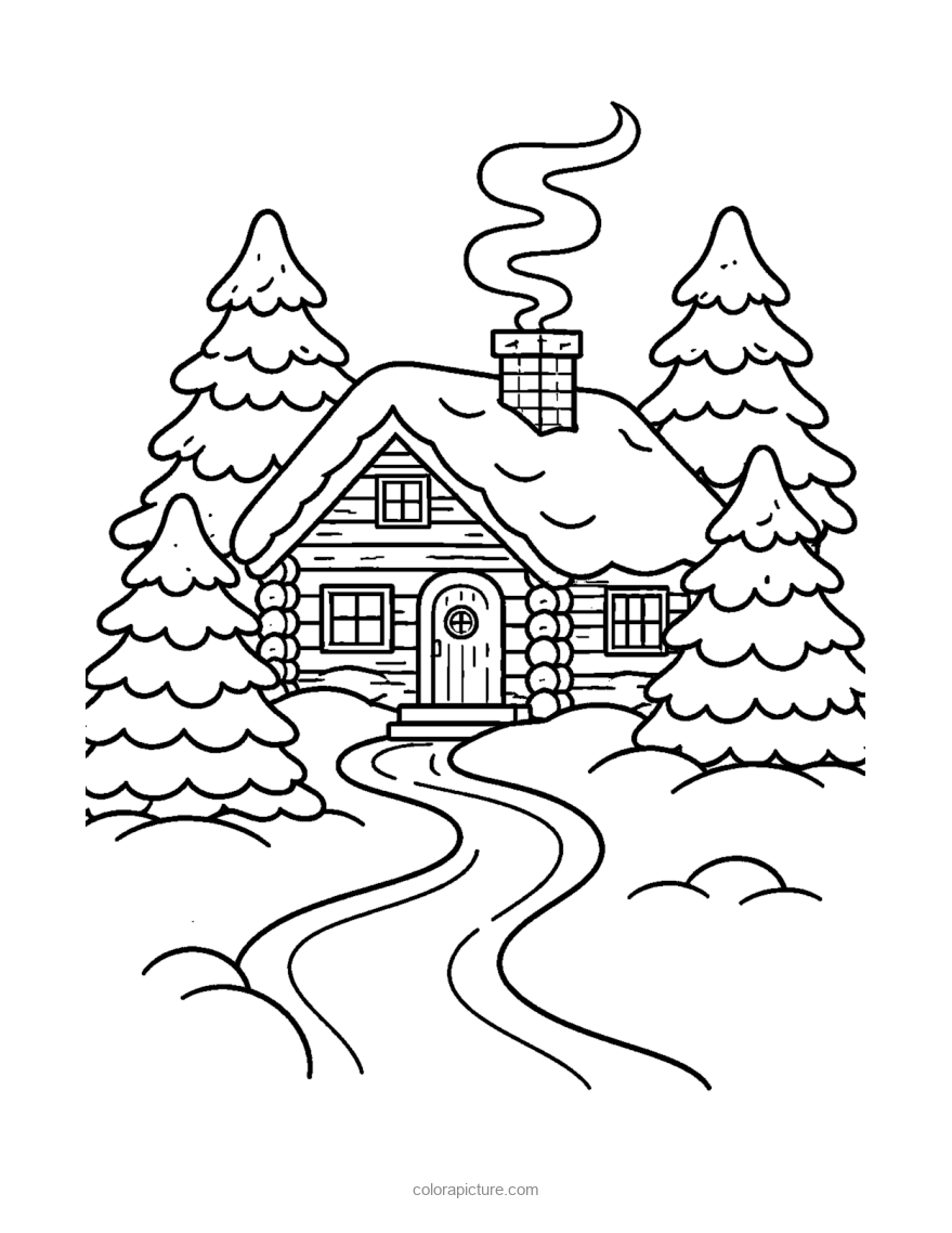 Black-and-white coloring page: Snowy Cabin