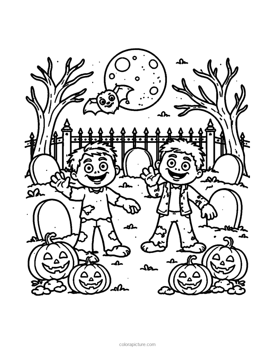 Black-and-white coloring page: Graveyard Night