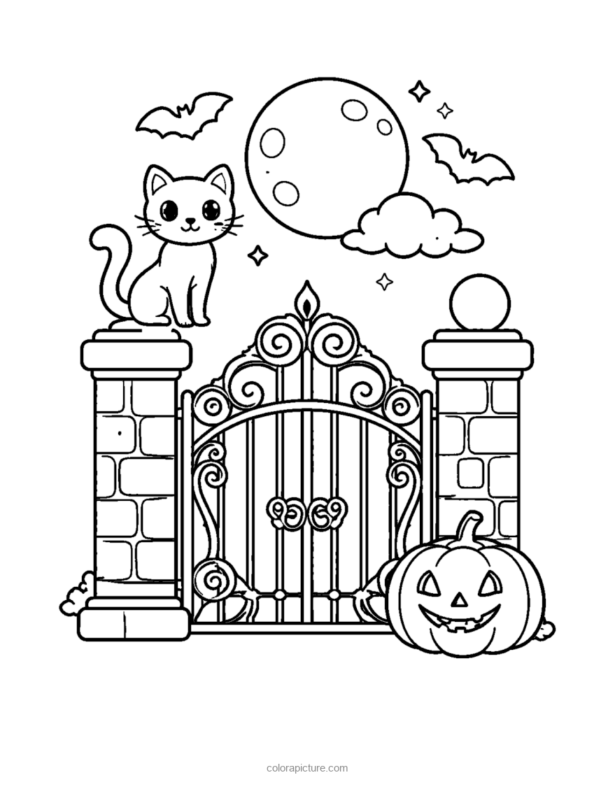 Black-and-white coloring page: Graveyard Gate Cat