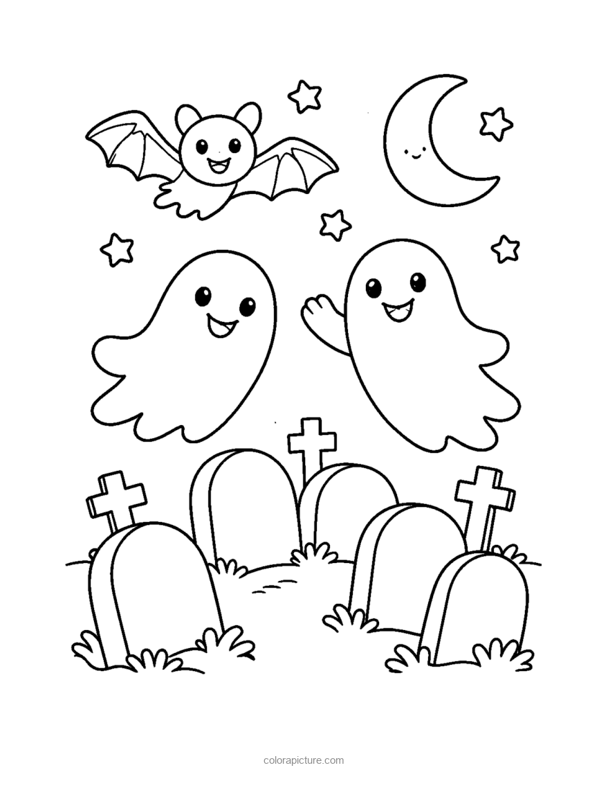 Black-and-white coloring page: Graveyard Ghosts