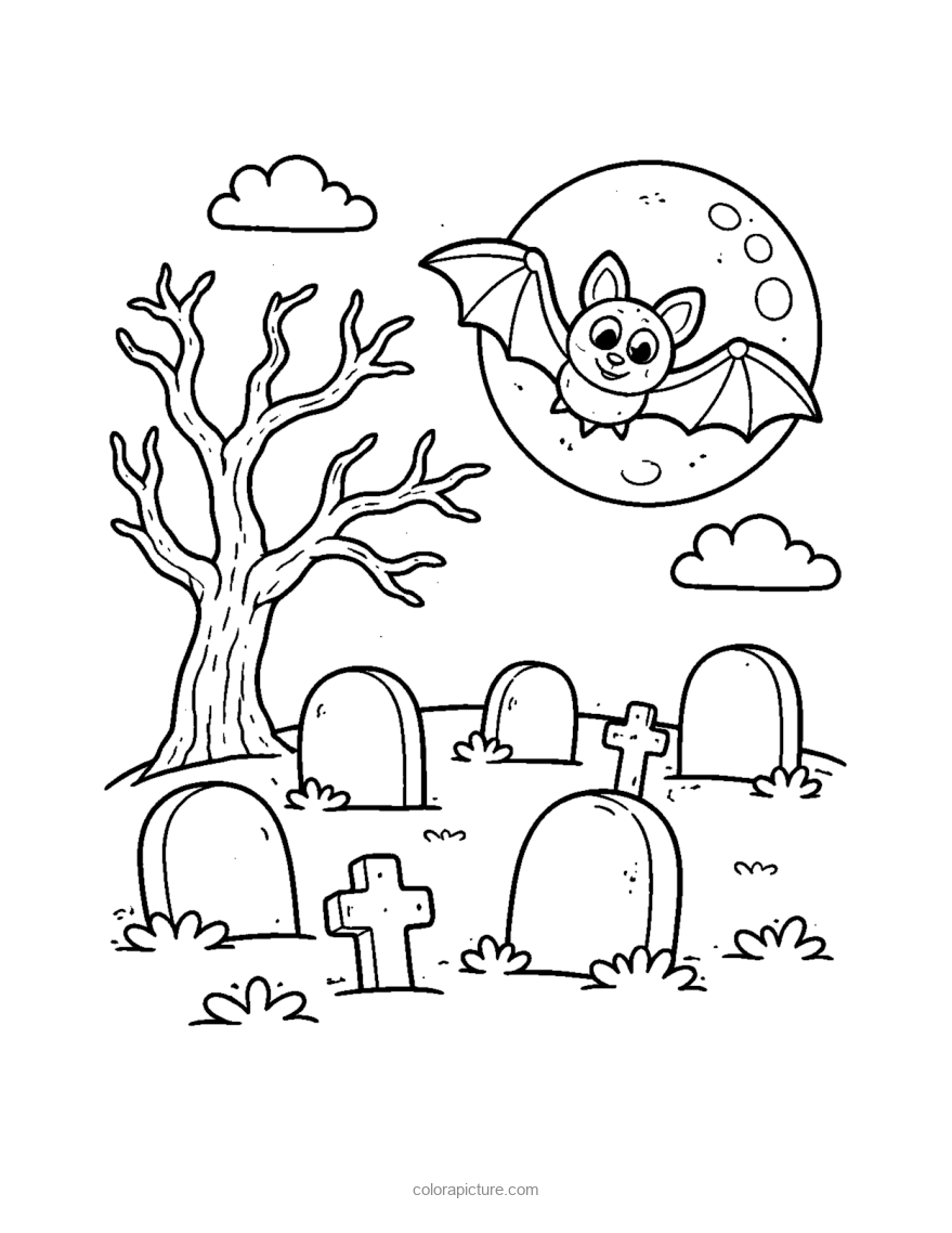 Black-and-white coloring page: Graveyard Moon