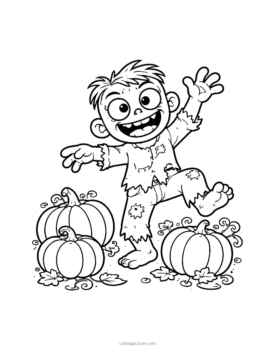 Black-and-white coloring page: Zombie Pumpkins