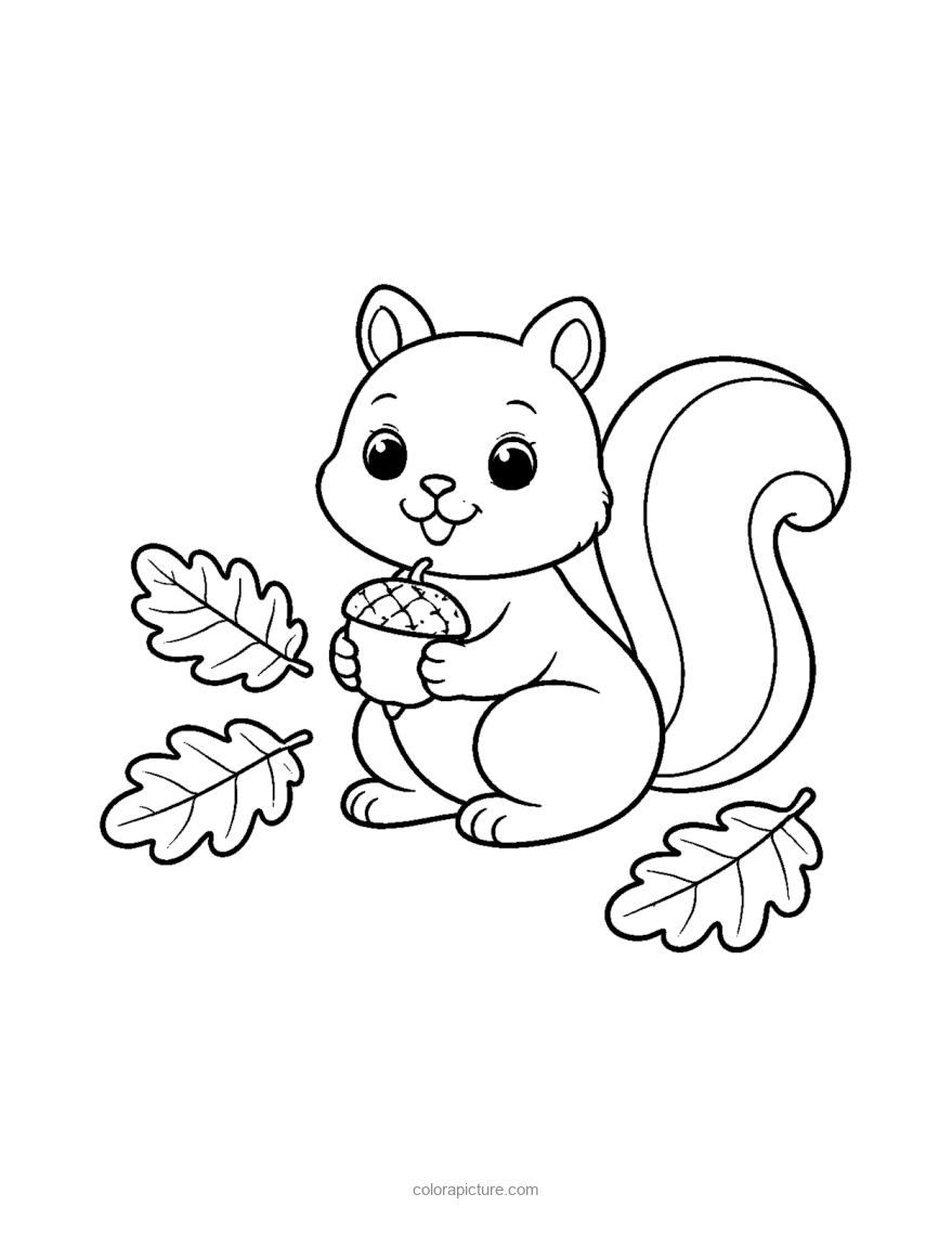 Black-and-white coloring page: Squirrel and Acorn