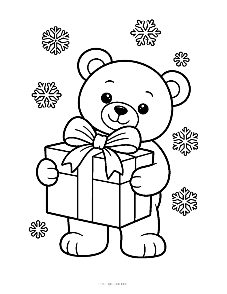 Black-and-white coloring page: Teddy With Gift