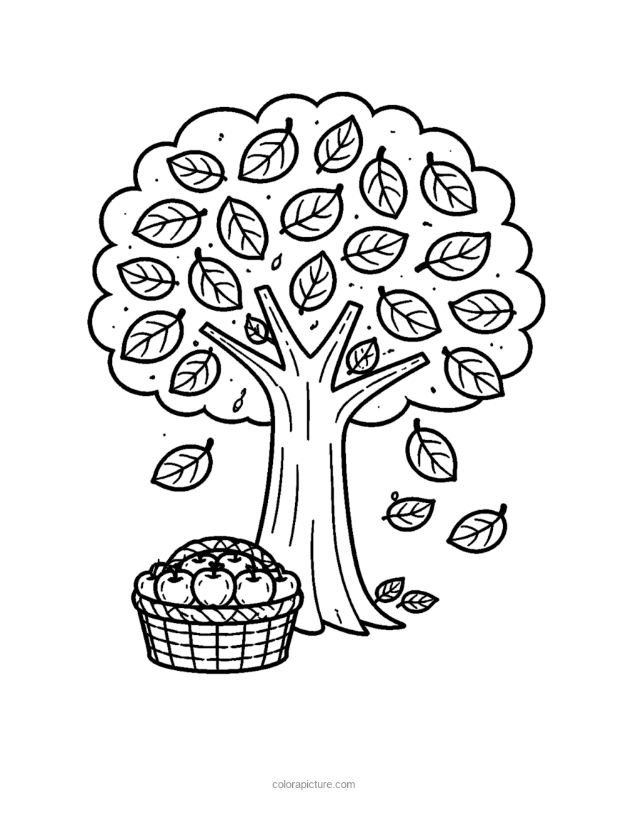 Black-and-white coloring page: Autumn Tree and Apple Basket