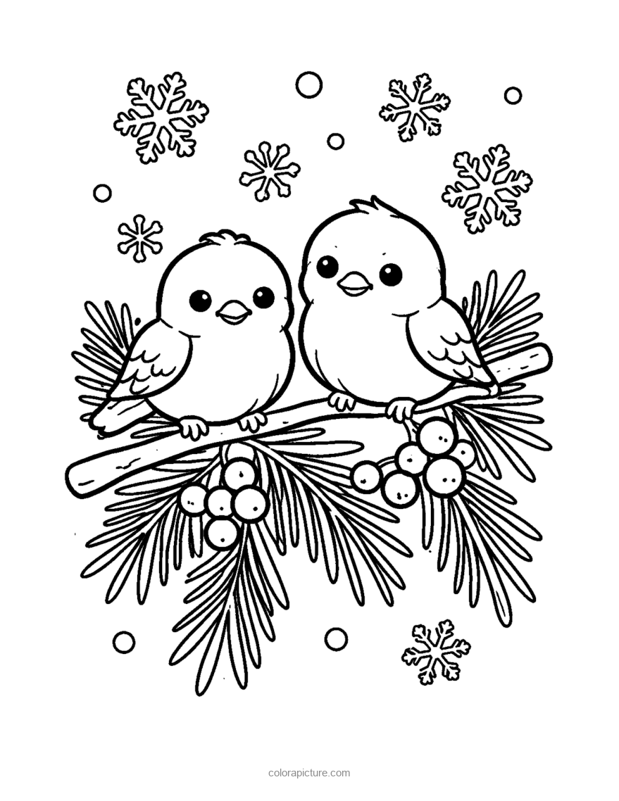 Black-and-white coloring page: Winter Birds