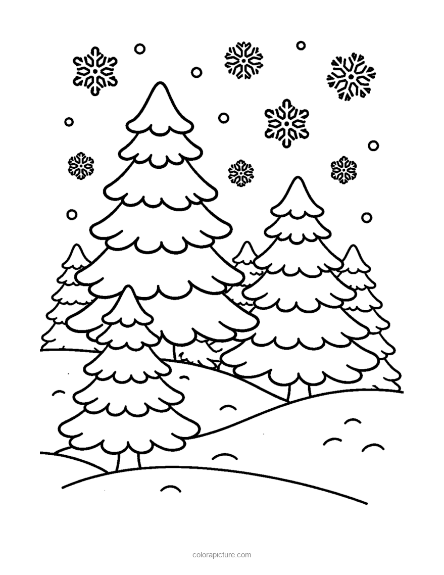 Black-and-white coloring page: Winter Forest