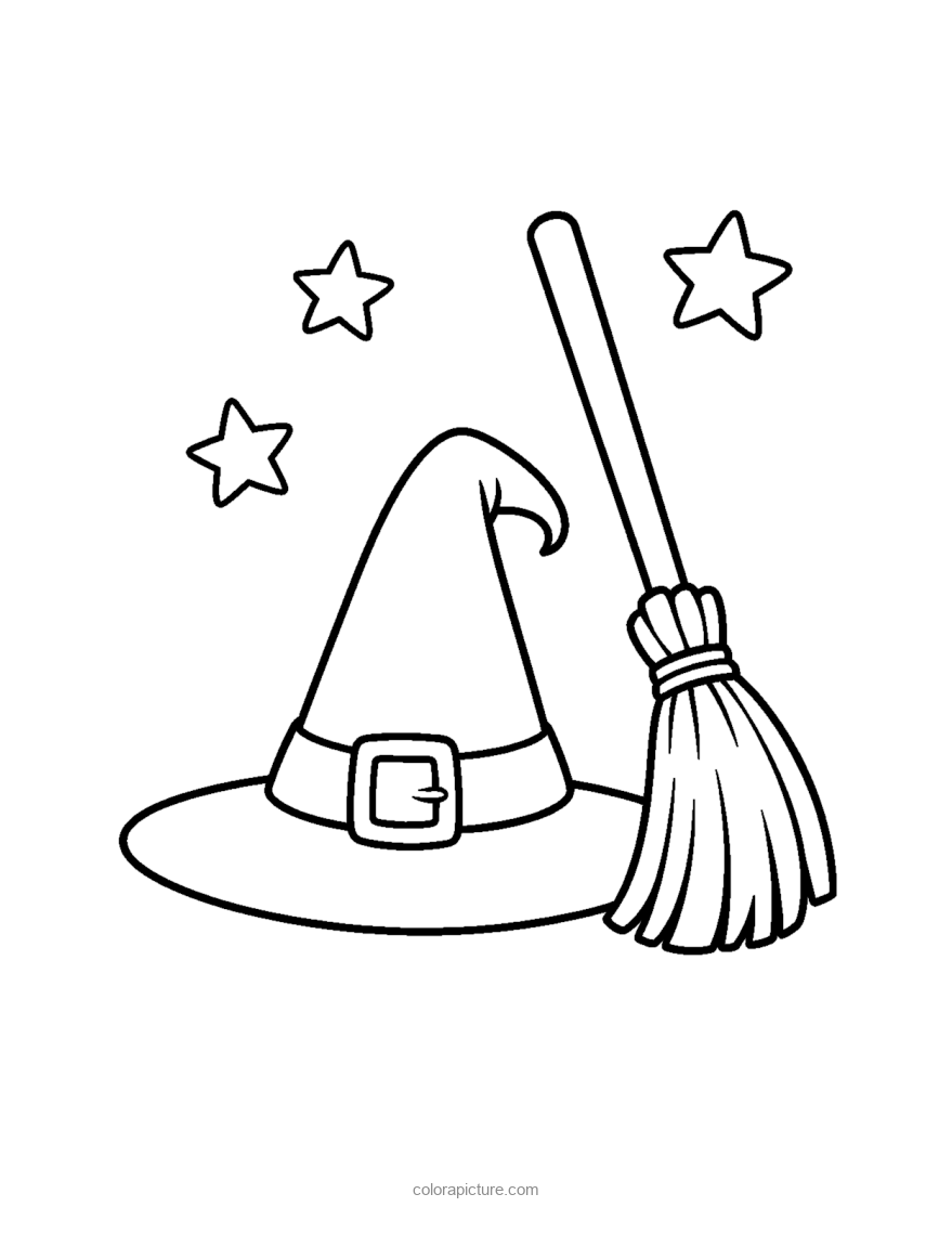 Black-and-white coloring page: Witch's Hat and Broom